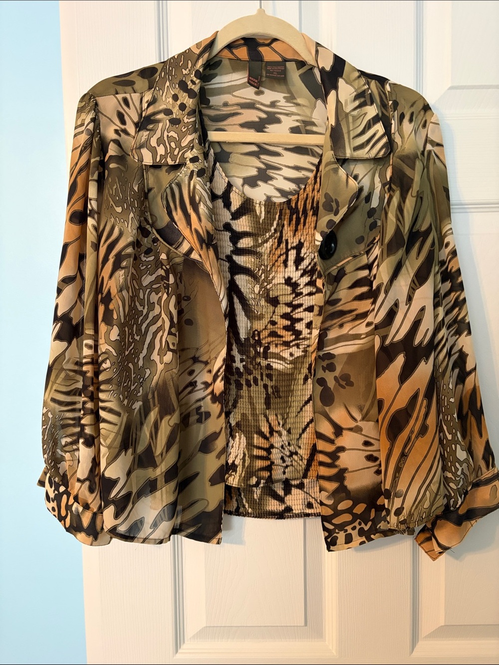 Women's Layered Printed Blouse in Olive and Tank underneath